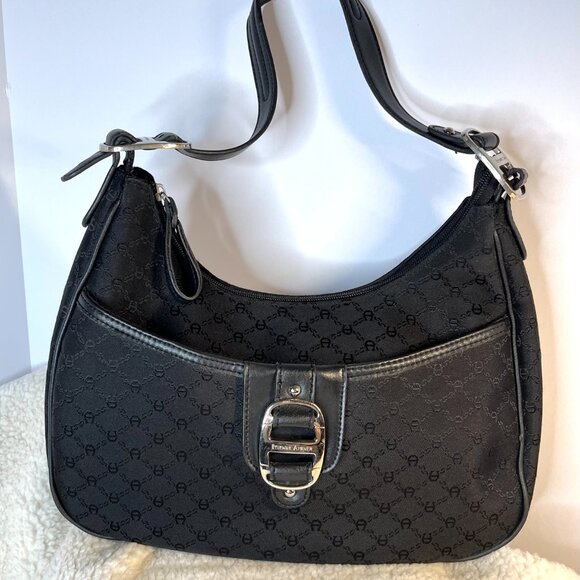 Vintage Black Etienne Aigner Hobo Bag with Monogram Print and Clasp - Picture 2 of 16